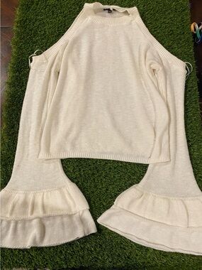 Express Cream Cold-Shoulder Sweater with Ruffle Bell Sleeves